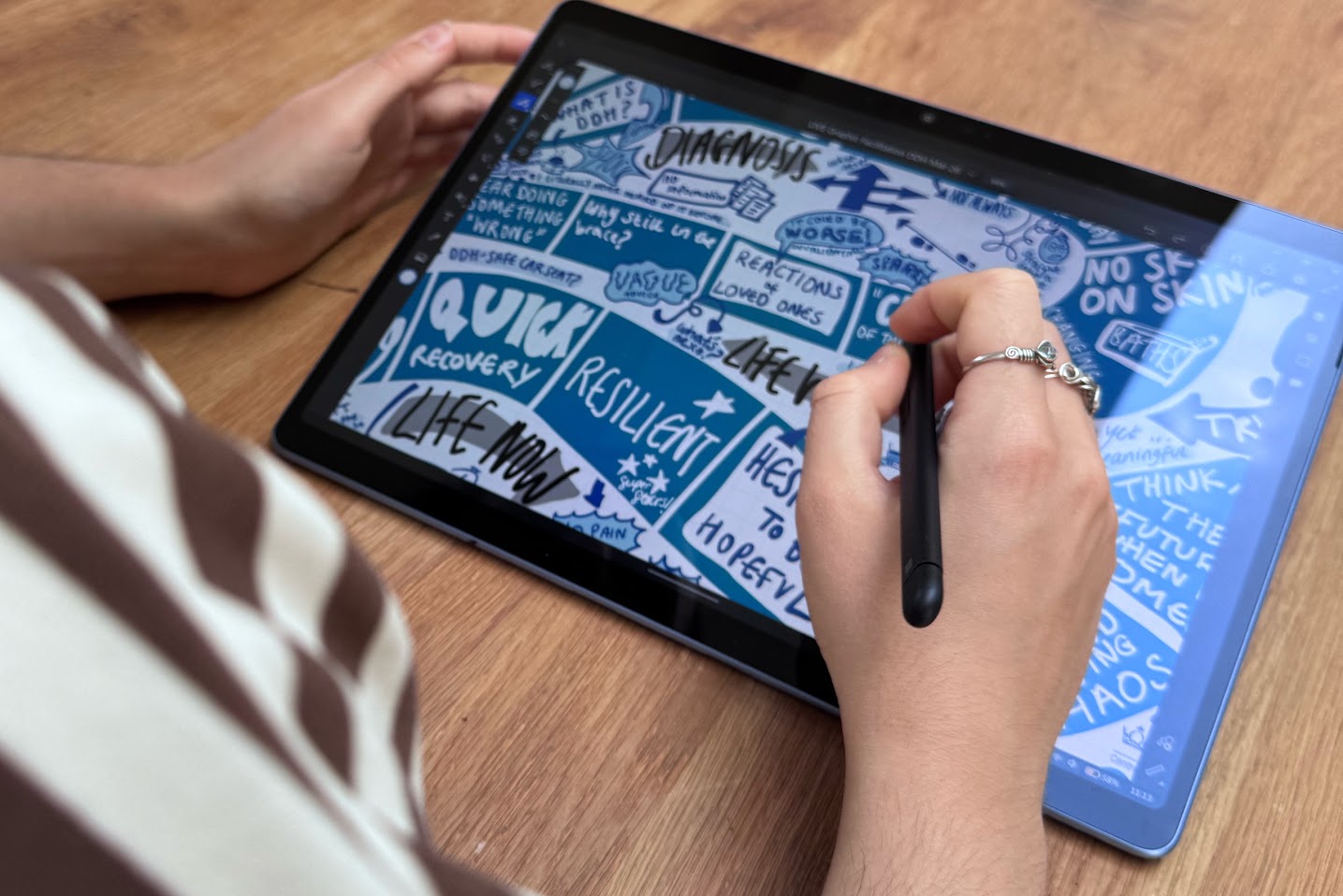 Yael’s hands drawing the Charting the Journey infographic on a tablet with a stylus